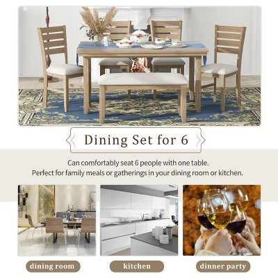 Farmhouse Kitchen Dining Table Set for 6, Wood Rectangle Table and 4 Upholstered Chairs & Bench