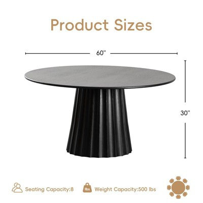 PexFix 60 Modern Round Dining Table Set with 8 Upholstered Chairs Black Textured Wood Top Pleated Pedestal Base Beige Seats for Kitchen Dining Room