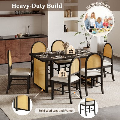 GDFStudio Rose 7 Piece Farmhouse Dining Table Set with 59.8 Rectangular Dining Table and Upholstered Rattan Chairs