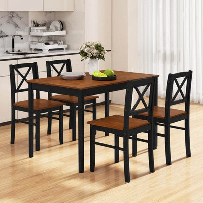 Costway 5 Piece Dining Table Set for 4 People with Rubber Wood Legs, Cross Backrest