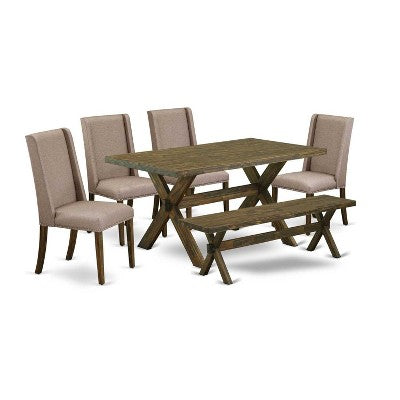 HomeStock 6-Pc Rectangle Distressed Jacobean Finish Solid Wood Top Dining Table with 1-Bench, 4-Chairs