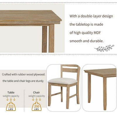 Farmhouse Kitchen Dining Table Set for 6, Wood Rectangle Table and 4 Upholstered Chairs & Bench