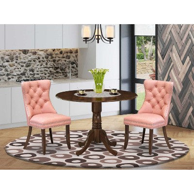 3-Piece Antique Walnut Finish Solid Wood Top-Round Upholstered Dining Room Set -Seats 4