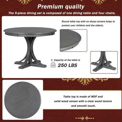 Round Dining Table Set for 4, 5 Pieces Retro Kitchen Table Set with 4 Upholstered Chairs