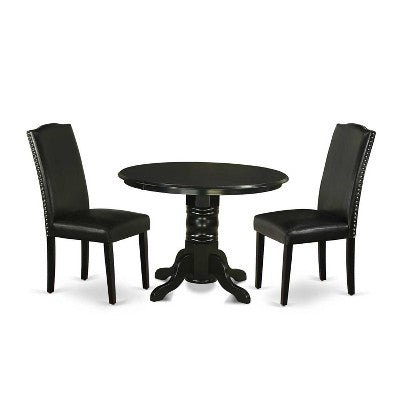 Dinette Set 3Pc Round Table & 2 Parsons Chairs - Black PU Leather - 42 Table