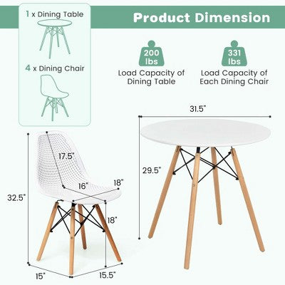 Costway 5 PCS Dining Table Set for 4 Persons Modern Round Table & 4 Chairs with Wood Leg Green/White