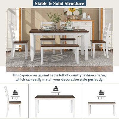 6 PCS Rustic Wood Dining Table Set, Rectangular Table with 4 Chairs & Bench-ModernLuxe