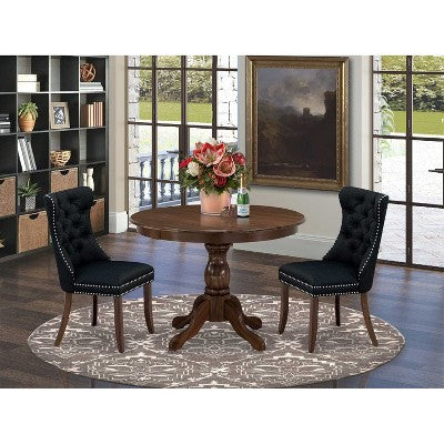 3-Piece Antique Walnut Finish Solid Wood Top-Round Dining Room Set-Seats 4