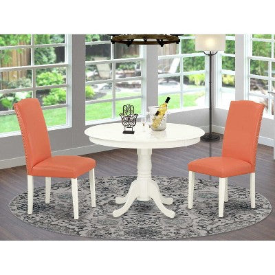 Dining Room Table Set Pink Flamingo 42 Inch Table w/ 2 Parsons Chairs Linen White Legs PU Leather