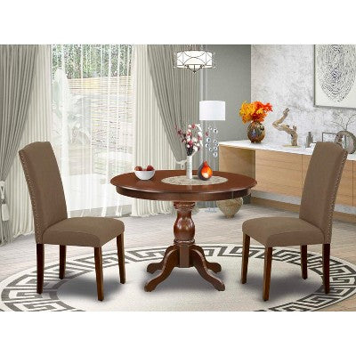 3-Piece Mahogany Finish Solid Wood Top - Button Tufted Upholstered Dining Room Set - Seats 4