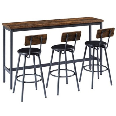 JVNOXK 63-inch Long Bar Table and Chair Set, Includes 3 PU Padded Bar Stools, Industrial Style, Suitable for Living Rooms ,Dark Brown