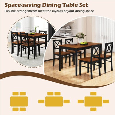 Costway 5 Piece Dining Table Set for 4 People with Rubber Wood Legs, Cross Backrest