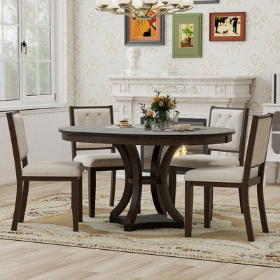 Merax Stylish 5-Piece Retro Dining Set with Extendable Round Table & 4 Upholstered Chairs