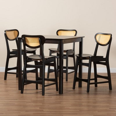 Baxton Studio Hesper Mid-Century Modern Wood and Rattan 5-Piece Pub Set