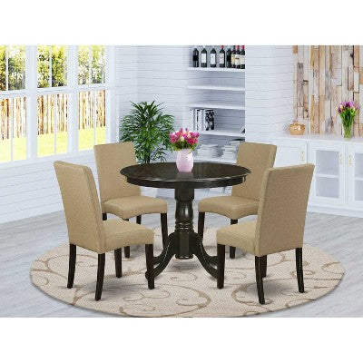 HomeStock 5-Piece Round Cappuccino Finish Solid Wood Top Dining Table with 4 Parson Chair