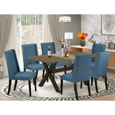 HomeStock 7-Piece Rectangle Distressed Jacobean Finish Solid Wood Top Dining Table with 6 Chairs