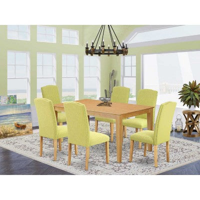 HomeStock 7-Piece Rectangle Natural Oak Finish Solid Wood Top Dining Table with 6 Parson-Chairs
