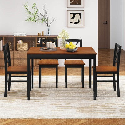 Costway 5 Piece Dining Table Set for 4 People with Rubber Wood Legs, Cross Backrest