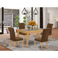 HomeStock Belmont 5Pc Dining Set Includes a Rectangle Dinette Table and Four Parson Chairs with Dark Coffee Fabric, Oak Finish