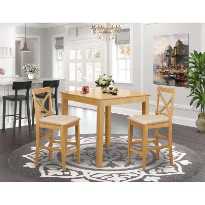 HomeStock 3-Piece Natural Brown Oak Finish Solid Wood Top Counter Height Dining Table Set