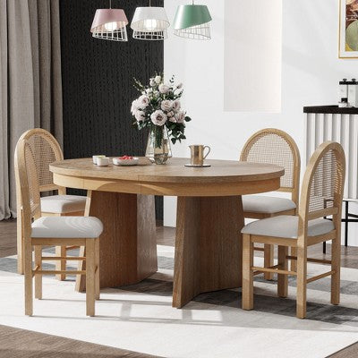 GDFStudio Harper 5 Piece Dining Set with Extendable Table and Upholstered Rattan-Back Chairs