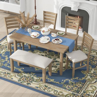 Farmhouse Kitchen Dining Table Set for 6, Wood Rectangle Table and 4 Upholstered Chairs & Bench