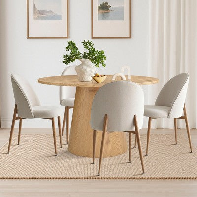 5-Piece Round Oak Dining Table Set, 46 Pedestal Table and 4 Upholstered Chairs with Oak Metal Legs for Kitchen or Dining Room-Panipeachy