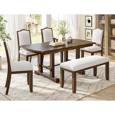Farmhouse Extendable Dining Table Set for 6, 7 Pieces Wood Expanding Kitchen Table Set with 6 Upholstered Chairs