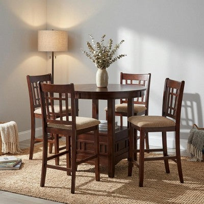 GDFStudio Hudson Contemporary 5-Piece Wood Counter Height Round Dining Table with Leaf and 4 Upholstered Chairs