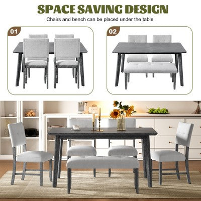 6 Piece Wood Dining Room Table Set, Dining Room Rectangular Table with 4 Upholstered Chairs and Bench