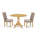 Round Dining Table Set - 42 Inch Table with 2 Chairs - Linen Fabric Seats - Oak Finish Legs