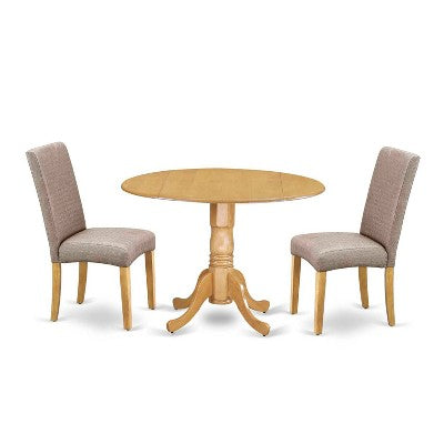 Round Dining Table Set - 42 Inch Table with 2 Chairs - Linen Fabric Seats - Oak Finish Legs