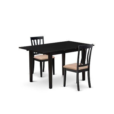 HomeStock 3-Piece Black Finish Rectangular Solid Wood Top With Butterfly Leaf Dining Table Set