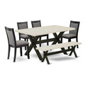 HomeStock 6-Piece Rectangle Natural Oak Finish Solid Wood Top Dining Table with 1-Bench, 4 Upholstered-Chairs
