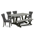 HomeStock 6-Pc Rectangle Natural Oak Finish Solid Wood Top Dining Table with 1-Bench, 4-Chairs