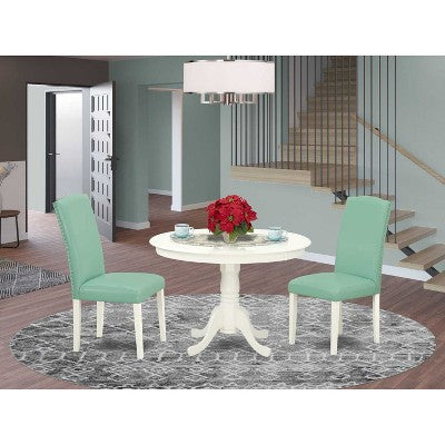 Round Dining Table Set 3pc - 42 Table & 2 Parsons Chairs - Modern PU Leather & Linen White Legs
