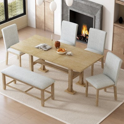 Farmhouse 6-Piece Extendable Dining Table Set with Removable Leaf and Upholstered Dining Chair and Bench 4W - ModernLuxe