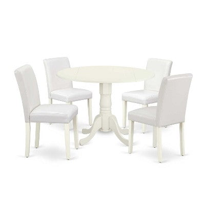 Round Kitchen Table Set 5pc 42 Table w/ Drop Leaves & 4 Parsons Chairs - White PU Leather