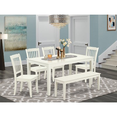 HomeStock Belmont 6PC Rectangular 60 inch Table and 4 vertical slatted Chairs plus 1 bench, Linen White
