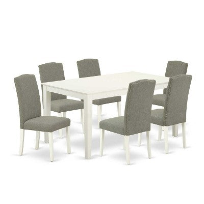 HomeStock 7-Piece Rectangle Linen White Finish Solid Wood Top Dining Table with 6 Parson-Chairs