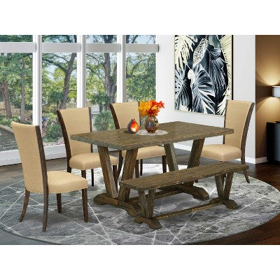 HomeStock 6-Piece Rectangle Distressed Jacobean Finish Solid Wood Top Dining Table with 1-Bench, 4-Chairs