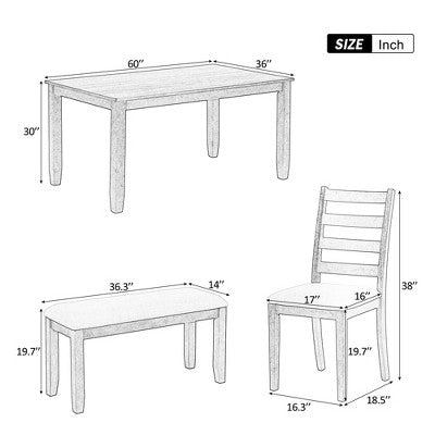 6 PCS Rustic Wood Dining Table Set, Rectangular Table with 4 Chairs & Bench-ModernLuxe