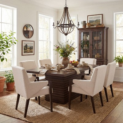 Christopher Knight Home Selena 7 Piece Mid-Century Modern Upholstered Dining Chairs with Rectangle Table