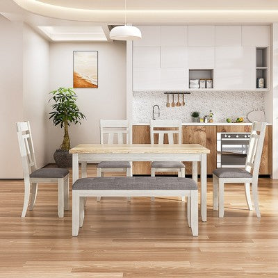 VECELO 6-Piece Wooden Dining Table Set, Dining Table with 4 Armless Upholstered Dining Chairs & Bench for Kitchen, Rubber Wood Legs, Gray