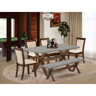 HomeStock 6-Piece Rectangle Distressed Jacobean Finish Solid Wood Top Dining Table with 1-Bench, 4-Chairs