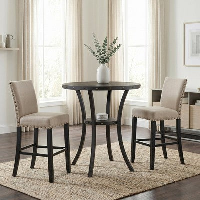 Biony 3-Piece 36 Round Espresso Finish Bar Table with 2 Tan Fabric Nail Head Pub Chairs