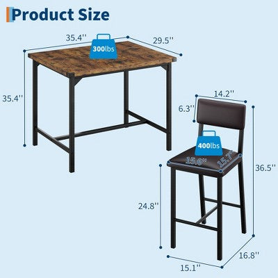Garvee 3-Piece Dining Table Set W/Footrest & 2 Upholstered Chairs, High Table and Chairs Set with Corner Protector, for Pub, Dining