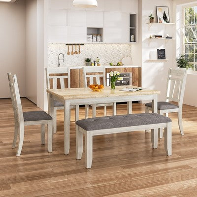 VECELO 6-Piece Wooden Dining Table Set, Dining Table with 4 Armless Upholstered Dining Chairs & Bench for Kitchen, Rubber Wood Legs, Gray