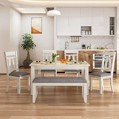 VECELO 6-Piece Wooden Dining Table Set, Dining Table with 4 Armless Upholstered Dining Chairs & Bench for Kitchen, Rubber Wood Legs, Gray