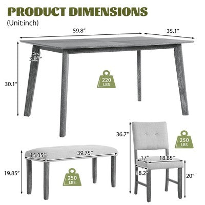 6 Piece Wood Dining Room Table Set, Dining Room Rectangular Table with 4 Upholstered Chairs and Bench